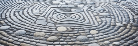 Tranquil zen rock garden with circular patterns in white sand viewed from the topの素材