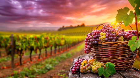 Twilight in a serene vineyard  lush grape rows in vibrant hues, freshly harvested in a rustic basketの素材