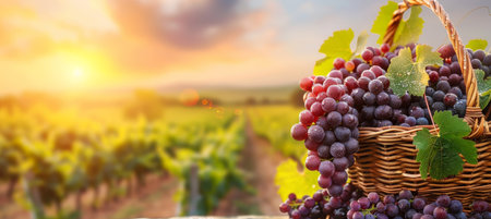 Tranquil vineyard at dusk  bountiful harvest of luscious grapes in various hues in a rustic settingの素材