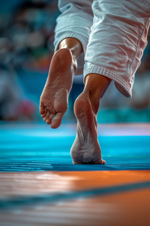 Precision and coordination  judoka shifting weight on feet for balance in summer olympic gamesの素材