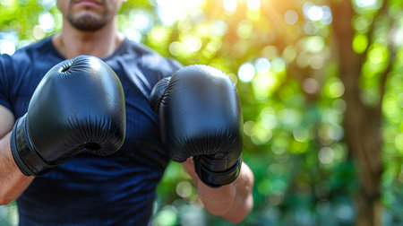 Powerful boxing gloves clenched fists  symbol of strength and readiness in summer olympics sportの素材