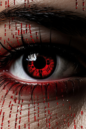 Cybernetic vision  hacker or ai robot eye in dark tech space, cyborg gaze on digital backgroundの素材