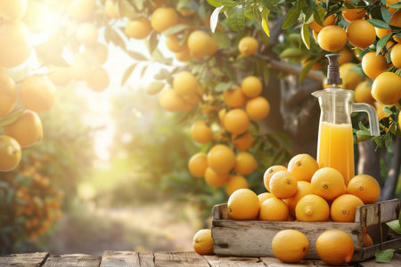 Sunlit citrus orchard with ripe oranges in overflowing wooden crate under golden sunlightの素材