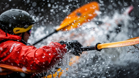 Dynamic freeze frame  water droplets spraying from paddle at summer olympic gamesの素材