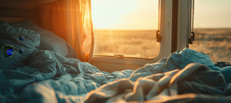 Camper van bedroom interior showcasing sleeping areas in a motorhome for comfortable restの素材