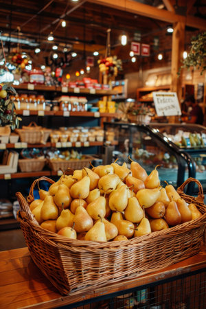 Farmhouse kitchen decor  fresh pears in baskets with flowers for a cozy home ambianceの素材
