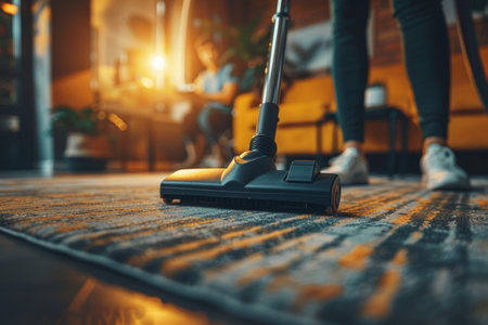 Professional cleaners using vacuum in spacious office with employees in backgroundの素材