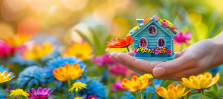 Hand holding miniature house outdoors against blurred nature backdrop with space for textの素材