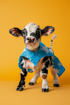 Superhero cow soaring on gradient pastel background with ample space for text placementの素材