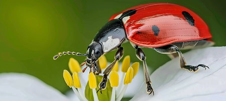 Vibrant red ladybug pollinating a flower in springtime, a vital insect aiding in pollinationの素材
