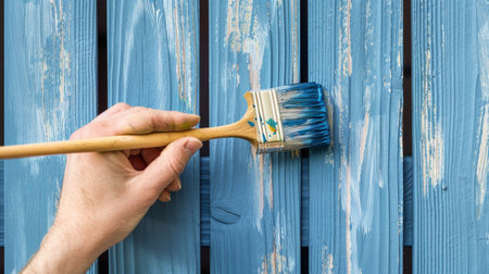 Worker s hands painting wooden wall with brush at construction site, adding finishing touchesの素材