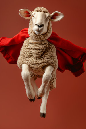 Superhero sheep soaring on gradient pastel background with ample space for text placementの素材