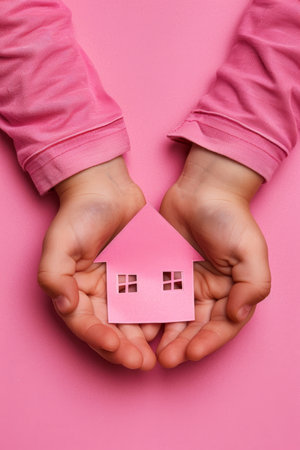 Child s hands crafting paper house on pastel background, space for text, creative conceptの素材