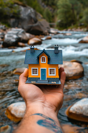 Hand holding small model house outdoors with nature background and ample space for text placementの素材