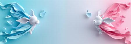 Flying cow superhero in cape on gradient pastel background with ample copy space for text placementの素材