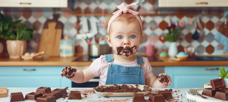 Young girl joyfully indulging in chocolate with a messy face, relishing a delightful treatの素材