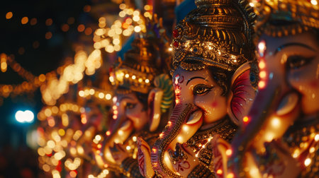 Vibrant ganesh chaturthi processions  adorned idols and traditional attire in colorful displayの素材