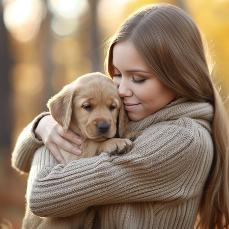 Woman tenderly cradling an adorable puppy in her hands, creating a heartwarming and precious momentの素材