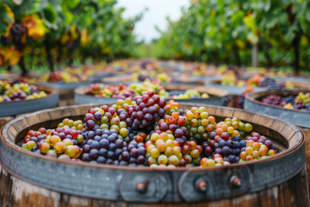 Vivid grape bunches in barrels under soft evening light at vineyard, perfect for winery adの素材