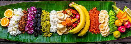 Authentic indian onam sadhya feast served on banana leaves   traditional cuisineの素材