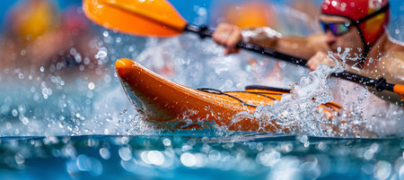 Dynamic freeze frame  water droplets splashing from paddle exiting water, summer olympics sportの素材