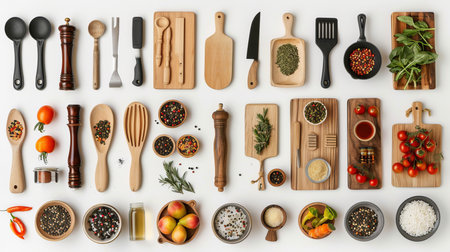 Variety of kitchen utensils, ingredients, and cookware displayed on a clean white countertopの素材