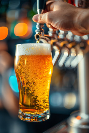 Close up of bartender s skilled hands pouring draft beer from tap in expertly captured shotの素材