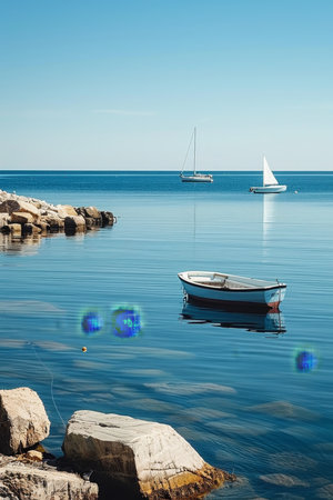 Sailboats gracefully sailing on the ocean waters under the vast blue sky, a serene maritime sceneの素材