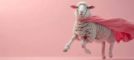 Superhero sheep flying on gradient pastel backdrop with ample copy space for text placementの素材