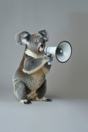 Koala bear making public announcement with handheld speaker for notification and warningの素材