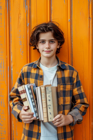 Smiling child with books on gradient background, perfect for text, copy space availableの素材