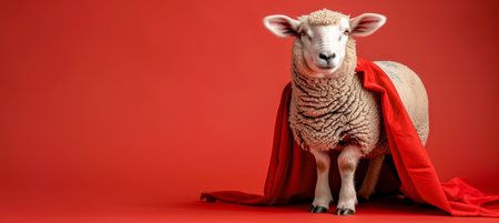 Superhero sheep flying on gradient pastel backdrop with ample space for text placementの素材