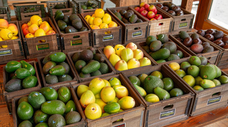 Ripe avocados displayed with fresh fruits in wooden crates at local market warehouseの素材