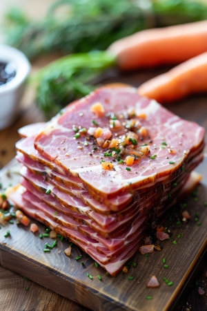 Artfully arranged ham slices, fresh carrot juice, and homemade mustard sauce on wooden tableの素材