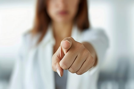 Female professional pointing finger, inspiring motivation concept for business successの素材