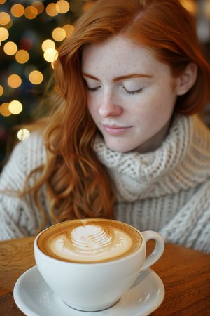 Young woman savoring morning coffee in cafe with fresh brew on blurred background for textの素材