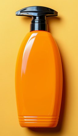 Vibrant orange sunscreen bottle on soft pastel background with blank space for textの素材