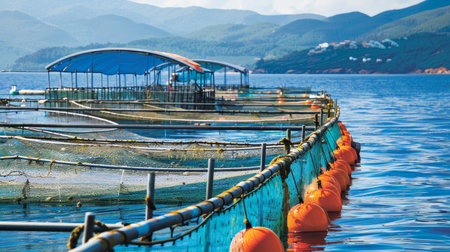 Salmon swimming in school at oceanic fish farm, thriving in aquaculture environmentの素材