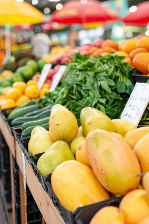 Vibrant papayas in tropical market stall with exotic decor, evoking vacation ambianceの素材