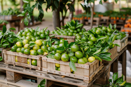 Vibrant lemons in wooden crates on vintage table  refreshing summer scene in soft morning lightの素材