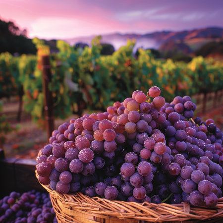 Serene twilight vineyard with ripe grapes in varied hues, freshly harvested in rustic basketの素材