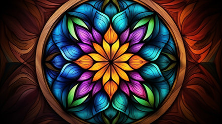 Vibrant mandala design with stained glass effect in primary colors for a captivating backgroundの素材