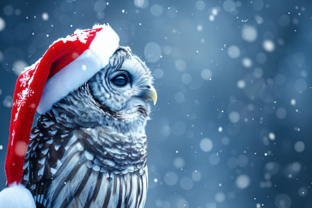 Christmas owl in santa hat on festive background for ads, postcards with text spaceの素材