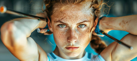 Intense focus  eyes locked in concentration before athletic throw in summer olympic games sportの素材
