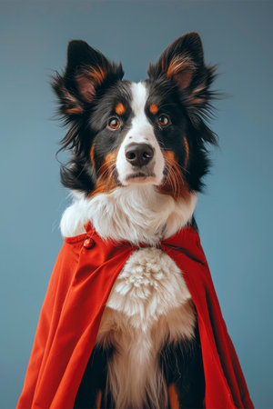 Superhero dog in cape flying on pastel gradient background with spacious area for text placementの素材