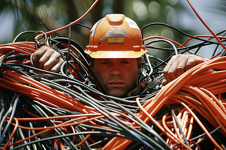 Skilled electrician efficiently wiring structure amidst tangle of cables and gearの素材