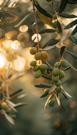 Close up of green olives on a spanish olive tree branch under the bright sun for a vibrant viewの素材