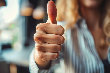 Close up of a woman s hand offering a thumbs up gesture to express approval or show likingの素材