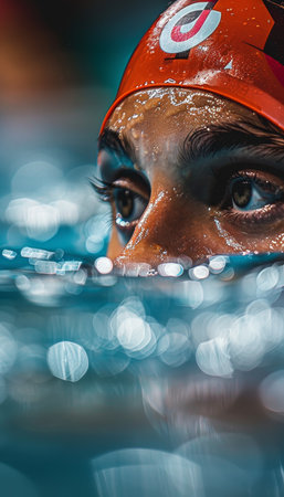 Emotive synchronized swimmers above water at summer olympic games, conveying unity and emotionの素材