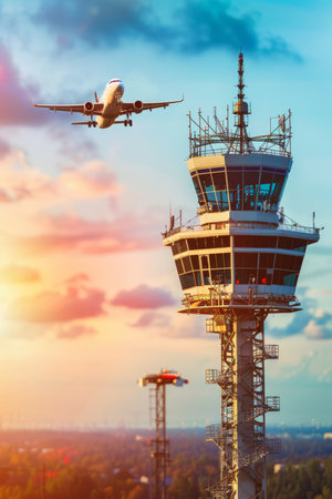 Airport control tower with departing plane on blurred background, ideal for text placementの素材